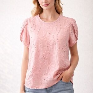 Eldina Pink Embroidered Eyelet Blouse Petal Sleeve Summer Top L Coquette Boho